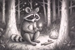 At dusk a curious raccoon explores the forest. Tiptoeing into human campsites, intrigued by artifacts they found.- Pencil drawing, realistic, graphite