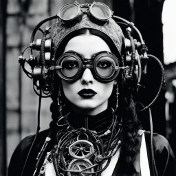 [Le Cabinet de Curiosités by helmut newton] Adorned in a mix of gothic, cyberpunk, and steampunk elements, she wears enormous round goggles that frame her enchanting face, accentuating her alluring features. Thick wires, hoses, and cables entwine around her form, weaving a tapestry of circuitry and fiber optics that pulsate with an otherworldly glow. A headdress of intricate design crowns her head, a symphony of massive combat boots and tight straps that speak of a futuristic past infused with r