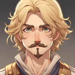 Young adult boy, blonde hair, mustache, brown eyes, musketeer outfit, anime style, front facing, looking into the camera