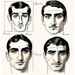 About drawing these features of a man's face Eyes: almond-shaped, medium-sized with defined eyelids and a direct and steady look. nose: a nose with prominent features, straight and with a slightly pointed tip, which can be described as a Roman nose. Mouth: Medium width with defined lips, neither too full nor too thin. Eyebrows: Naturally dense and curved, to match the shape of the face. Big Mustache: dense and arched following the shape of the upper lip.Chin and jaw: A prominent chin and defined