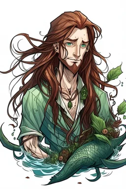 scaly determined wet pirate nereid male with seaweed in long auburn hair