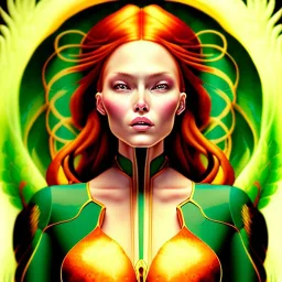 portrait of a beautiful busty Jean Grey with green eyes riding a phoenix by Sandro Botticelli style