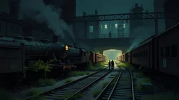 a painting of Gotham's Old Train Yard: An abandoned train yard with rusting locomotives and overgrown tracks. A clandestine meeting takes place here, with the characters using the shadows and derelict trains for cover, Gotham city :: dark night, gothic architecture, noir film ambiance, modern days, autumn :: a storybook illustration by James Gilleard, accurate details, behance contest winner, 2d game art, storybook illustration, rich color palette