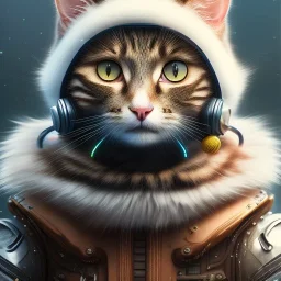 Cyberpunk Portrait of cat child with brown hair and with cute face, north pole snowy vibe , perfect composition, hyperrealistic, super detailed, 8k, high quality, trending art, trending on artstation, sharp focus, studio photo, intricate details, highly detailed, by greg rutkowski