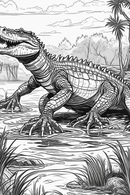 Outline art, no shading, full body crocodile in the river, black and white, low detail, --ar 9:11
