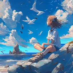 A girl is sitting on the edge of the rocks by the seashore and is meditating. The sky is blue with beautiful clouds and seagulls flying, digital art, anime, 4k, full details