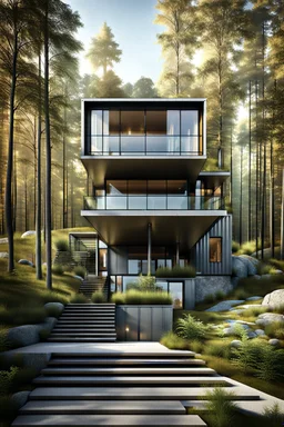 Modern house made from shipping containers, on a hill in the woods, photorealistic