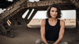 beautiful caucasian female technician, black tank top, well toned muscles, scratched sand camo metal details, short brunette wavy bob haircut, dystopian, desert scene