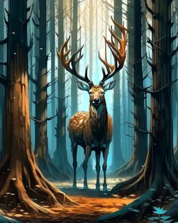 deer with antlers standing looking at viewer, patronus, among tall tree trunks