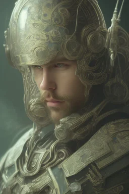 photorealistic white male handsome, hyperdetailed painting, luminism, Bar lighting, complex, dark green miltary armor, 4k resolution concept art, Artgerm, WLOP, Alphonse Mucha, 3d render, octane render, intricately detailed, cinematic, awesome full color, hand drawn, dark, gritty, cinematic