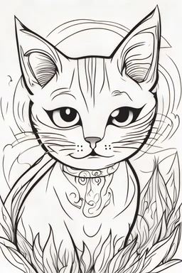 black and white simple line art of a unique and cute mystical cat