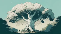 Giant white tree in a small sized forest reaching in to the sky. comic style