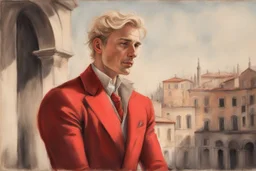 elegant blonde man in firenze in red costume in sunshine, shading pastel and charcoal