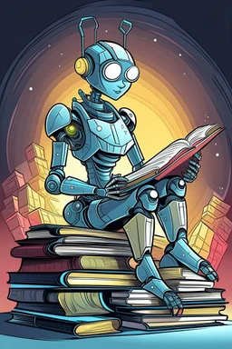 generate a front cover representation of Ai attractive small female humanoid bot sitting on a pile of books in a comic book style