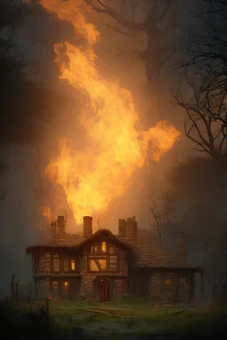 In the heart of a dense, ancient forest, a medieval cottage stands engulfed in flames, its timeworn timbers crackling and sending plumes of smoke into the sky. In the foreground, a mysterious woman in silhouette stands, her figure outlined by the fiery inferno behind her. Write a scene that unveils the secrets hidden within this blazing spectacle and explore the emotions coursing through the woman as she watches her home succumb to the relentless fire. More trees more fire