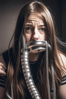 A girl gagged with duct tape using hair dryer