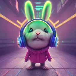 pixar style anamorphic cute rabbit baby, smiling, cyberpunk headphone, sunglass, gangsta gold neckless, full body, magenta puffer jacket, manila city backdrop, dramatic lighting, hyper realistic, unreal engine 5, 16k