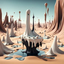 Dark, creepy, 3d, surreal objects in a bright environment, desert, noon light, melting cream, Yves Tanguy style