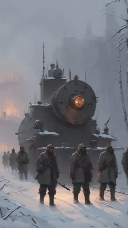 Jakub Rozalski's Historical Fantasy: In a snowy landscape, a massive, steam-powered automaton bears down on a group of soldiers, its gears and pistons lit by the eerie glow of dawn.