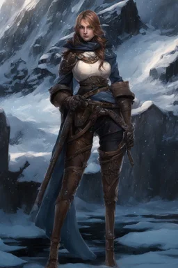 A female cleric dressed for the winter, with brown hair. Snowy background