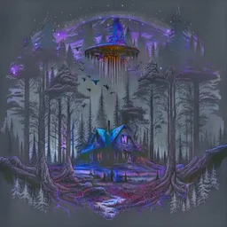 a dark forest with a house in the distance and a ufo in the sky black and purple black metal album