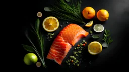 Salmon. Raw salmon steak. Fresh raw salmon fish with cooking ingredients, herbs and lemon prepared for grilled baking on black background. Healthy food. Top view. Copy space.