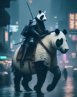 a panda riding a horse in blade runner style tokyo