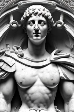 Architecture of ancient Rome of the II century AD Statues of ancient Roman gods contour reconstruction. The drawing is linear, in the style of vector graphics, black and white. High image quality in 8K