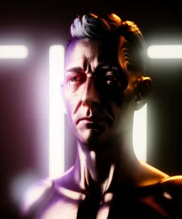 Ultra realistic photographic night portrait, full body shot view, cinematic, naked, young, face shaved, led lights <strong man> <hanging wires> many wires connected to the head <perfect pupil> <cyborg> <garage> <sci-fi futuristic> <thriller>, fog, soft color, highly detailed, unreal engine 5, ray tracing, RTX, lumen lighting, ultra detail, volumetric lighting, high definition.