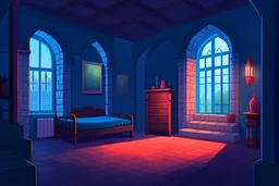 Castle room ,2d platformer, stylised ,flat design, game art, enhanced, detailed, side view,long distance shot, cold colors