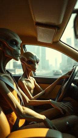 aliens sitting in an taxi car and the driver looking