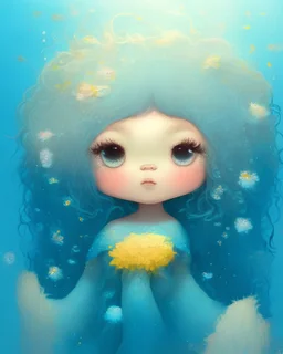 Soft hairy cute fuzzy asian mermaid with big cute eyes and long fuzzy hair. Underwater. Sweet soft blue, yellow pastel colours. Starfishes and fishes around.