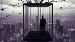 inner in an cube like cage stands a nonbynari human figure and gaze city, , in outside around in the distance big landscape with big city and many fade human figures in the city, dark purple, gray, black, white, brown. Whimsical style neuron network background, surreal stunning vibe