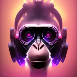 A beautiful portrait of a cyborg monkey purple neon color scheme, high key lighting, volumetric light high details psychedelic background