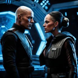 a bold and heroic bald male Corellian pilot in black and metallic grey First Order special forces gear meets a female Jedi Master in ancient, mystical temple, hyperdetailed, dynamic lighting, hyperdetailed background, 8k resolution, volumetric lighting, light skin, fully symmetric details