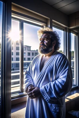 full figure shot photography of burly chubby turkish man 50 years old, at the windows in opened bathrobe , bulge, hands behind the head, emotive eyes, long beard, manly chest, curly hair, sharp focus, backlit, harsh overhead sunlight, ambient occlusion , photorealistic , frontal view