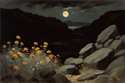 Landscape with night, mountains, flowers, rocks, winslow homer paintings