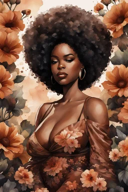 Create an watercolor image of a curvy black female wearing a brown off the shoudler blouse and she is looking down with Prominent makeup. Highly detailed tightly curly black afro. Background of large brown and black flowers surrounding her