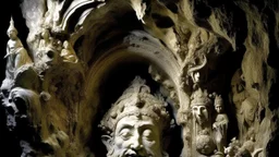 A large stone cave carved into a rock formation and abundantly carved in a baroque or rococo style, with a human face with an elaborate headdress or crown, surrounded by intricate decorative elements, human and organic figures, mythological animals, leaves and plants. The face appears to be that of an older man with a serious expression.