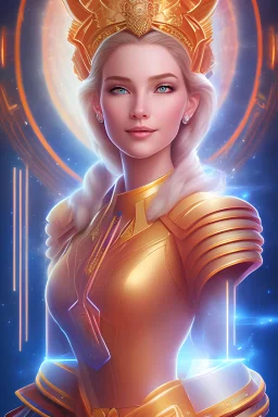 Portrait young woman cosmic admiral from the future, one fine whole face ,large cosmic forehead,crystalline skin, expressive blue eyes, blue hair, smiling lips, very nice smile, costume pleiadien