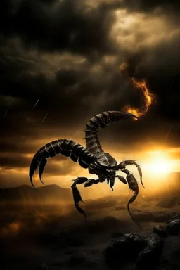 Black Scorpio Scorpion surrounded by fire. Tail curled up behind his back ready to strike under a storming sky with lightening striking around it