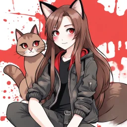 a headshot of a woman with long brown hair, red eyes, with a 'bad girl' vibe, brown cat ears, wearing black and red casual clothes, ((Chibi anime doll style)), watercolor splash art background, intricately detailed