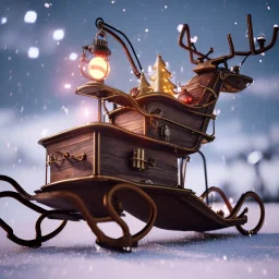 steampunk sleigh filled with christmas presents, 4k, highly detailed, cinematic, ultra photorealistic, ultra realistic, volumetric lighting