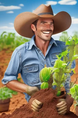 cowboy happy with plants growing in soil