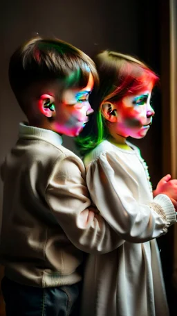 Side profile of a baby girl with her Cibeles aspirations behind her standing . Holding her brother hugging with love and compassion ,