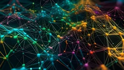 an abstract illustration of a complex network of interconnected tasks represented by colorful nodes and lines, data visualization, minimalistic design, vibrant colors, top-down view, modern aesthetic, 4k resolution, trending on Behance, futuristic, high detail