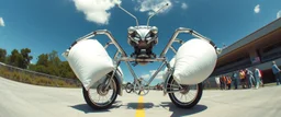 pinhole cam, airbrush 3d rendering, cyberpunk robot The chrome Mantis Pillow Fighter, huge mech 🦗🥊 A bizarre upright bicycle-creature, front wheel replaced by articulated mantis-like arms carrying enormous inflatable pillows, looking far too serious about complying with official pillow-fighting regulations.
