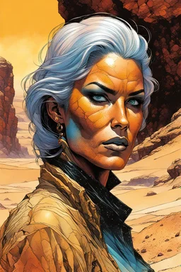 create a fine art print illustration of a rugged gritty, roughly textured Fremen female sayyadina with highly detailed feminine facial features, traversing a a rocky outcrop amidst the desert sands of Arrakis, dusty, gritty, in the comic book art style of Bill Sienkiewicz, and Jean Giraud Moebius, finely textured, drawn, colored, and inked,