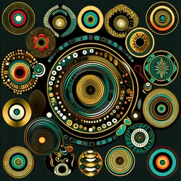 generate one image with 20 concentric circles, with a bright metallic look. populate with devotional images from asia. Sparsely adorn with some elements of nature.