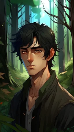 Fanatsy world, anime, portrait of black hair man in his twenties, stoic look, forest background